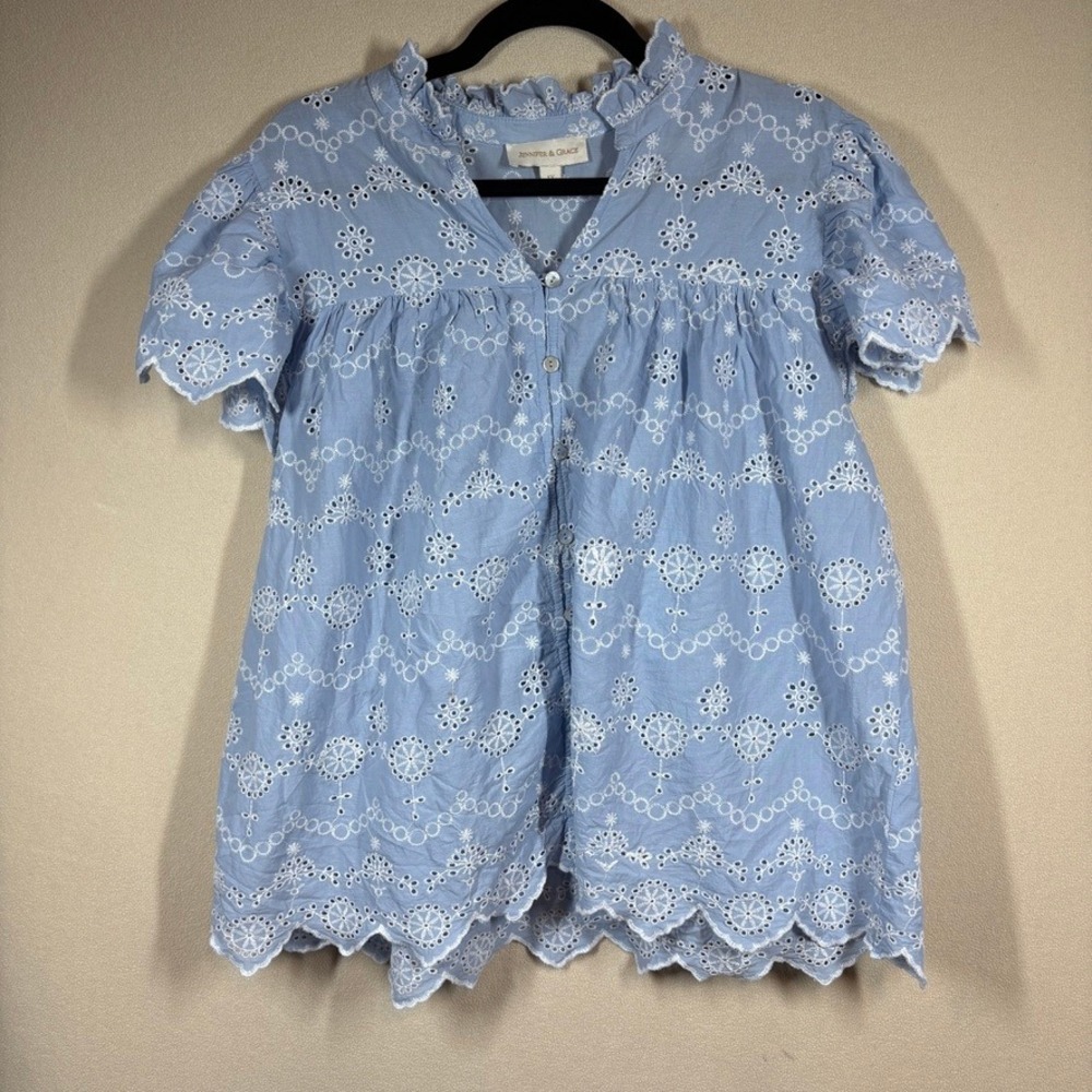 Jennifer & Grace Eyelet Embroidered Top 1X Blue Flutter Sleeve Cottage Prairie